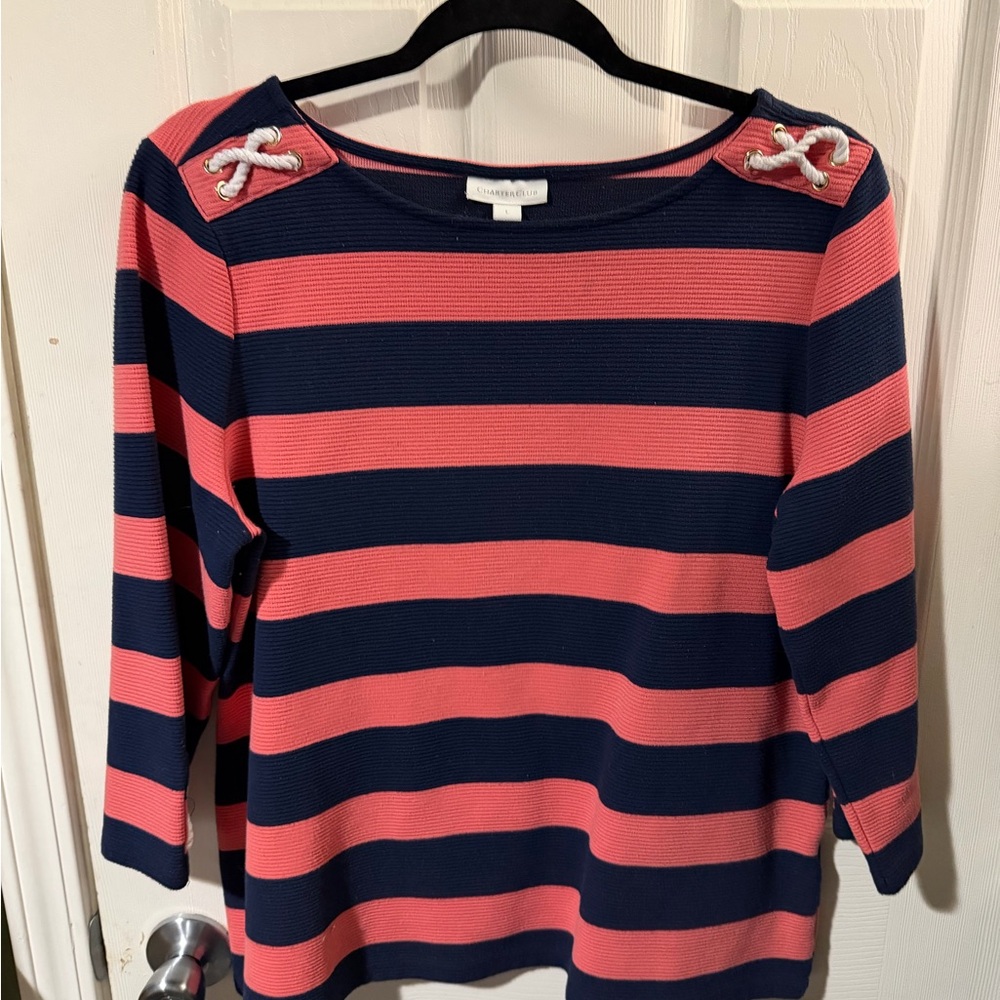 ❣️❄️Charter Club Coral and Navy Striped Long Sleeve Tee
